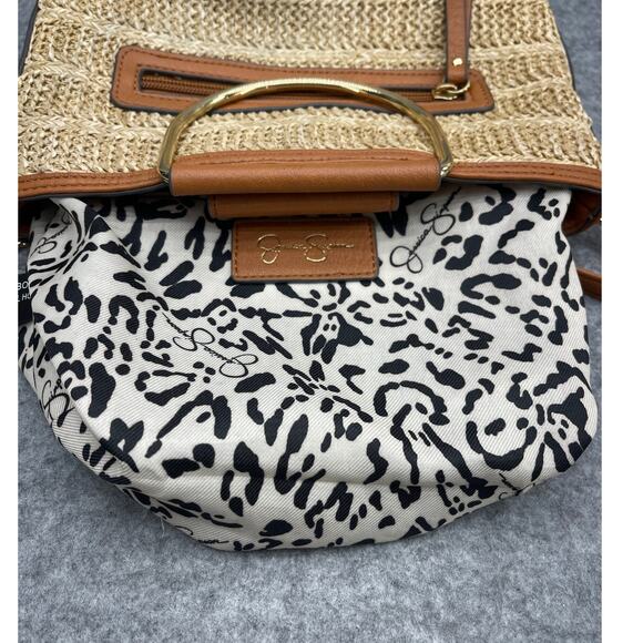 Jessica Simpson Tan Straw Brown Leather Summer Top Handle Crossbody Bag Purse - Picture 11 of 16